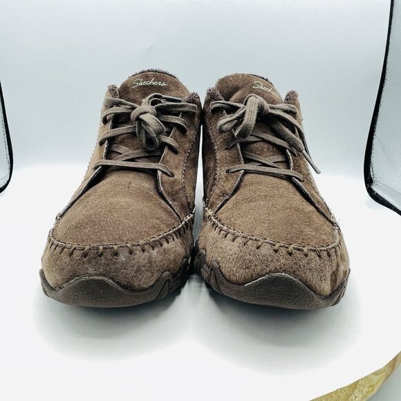 Skechers Shoes Womens Size 8 Brown Leather Moccasin Sneakers Memory Foam Booties - Picture 4 of 11